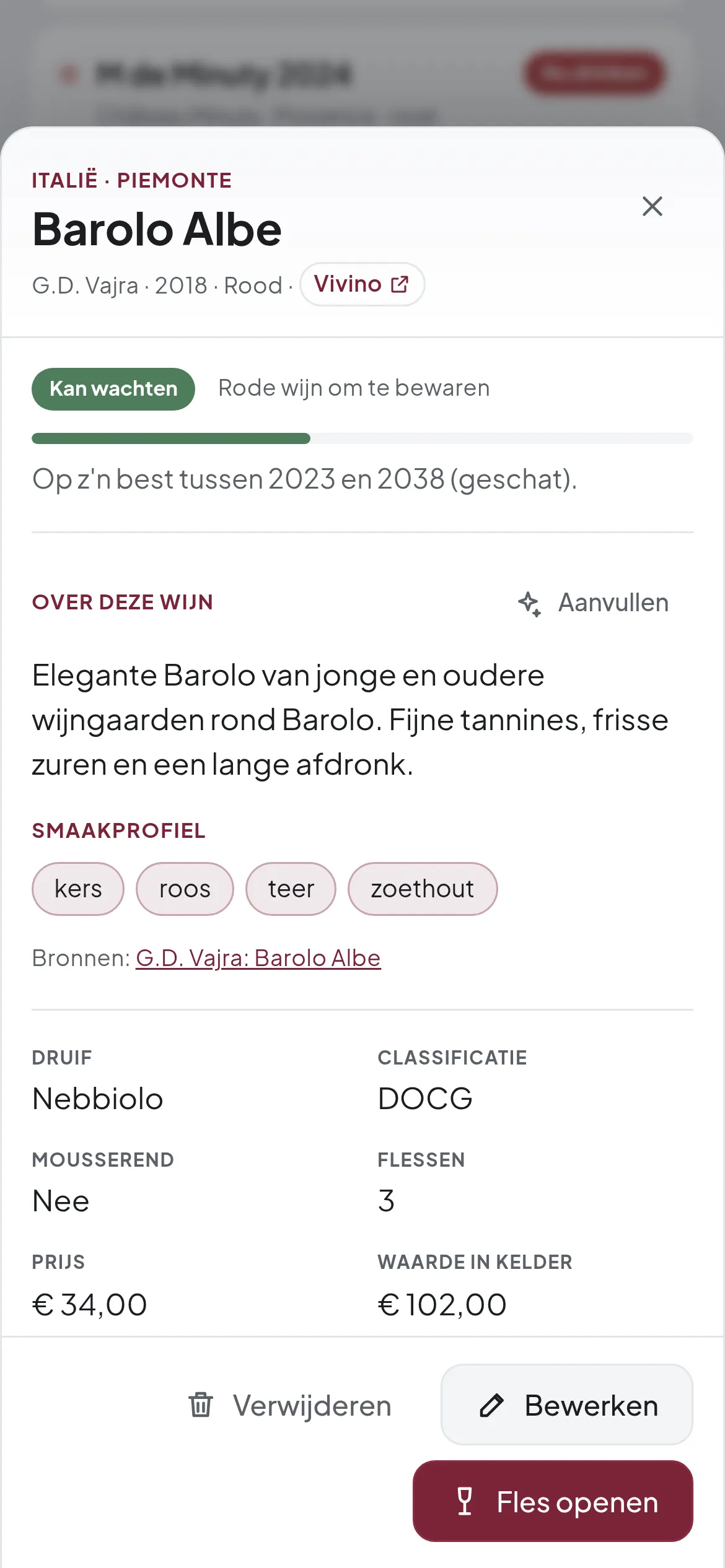 Het detailscherm van een wijn met de knop Aanvullen.